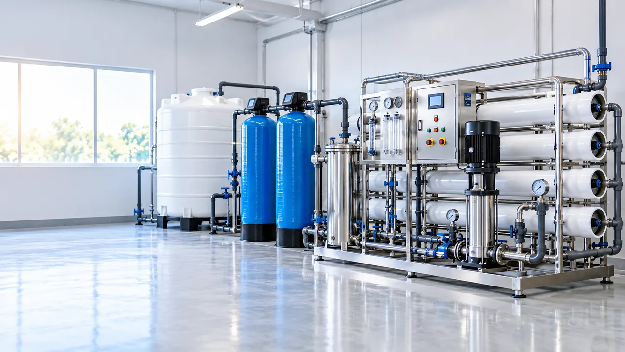 A modern reverse osmosis treatment room with a storage tank, two filtration vessels and a membrane skid