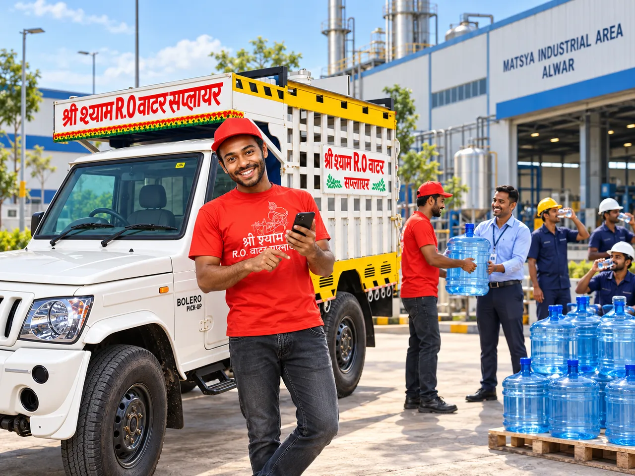 A Shree Shyam delivery vehicle and a delivery team handing over 20 litre jars at an industrial area