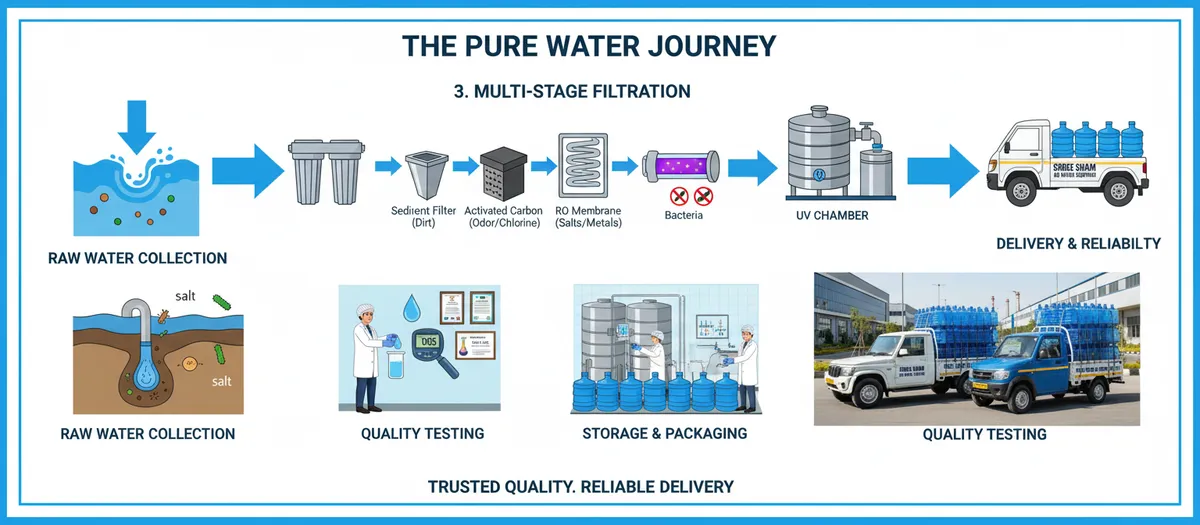 Diagram of the water journey: raw water collection, multi-stage filtration, quality testing, packaging and delivery