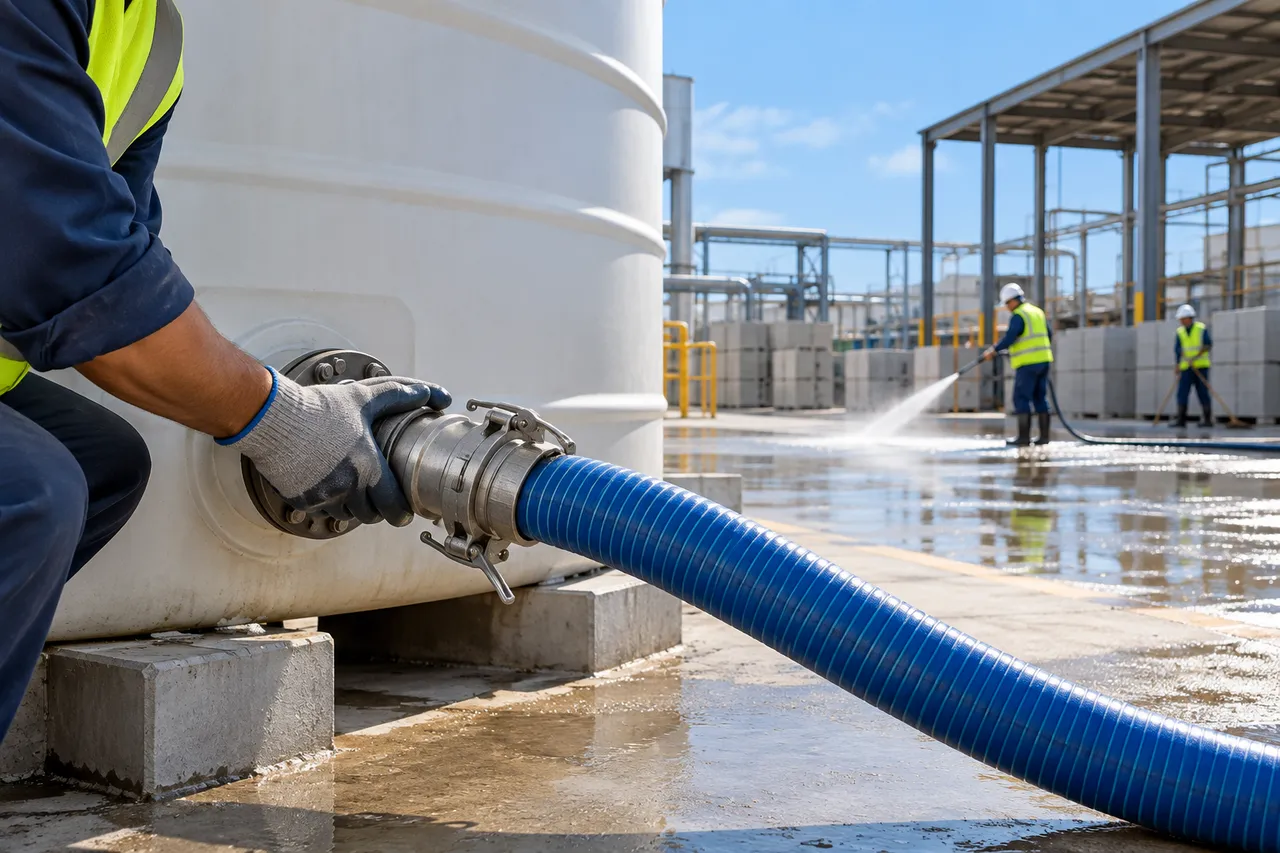 A worker connecting a hose to an industrial water storage tank while yard washing goes on behind