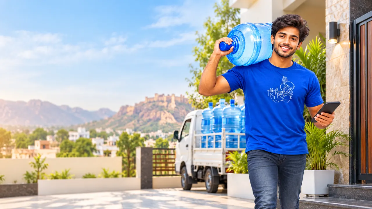 A smiling delivery person carrying a 20 litre water jar and holding a phone, with a delivery pickup and a hill fort behind