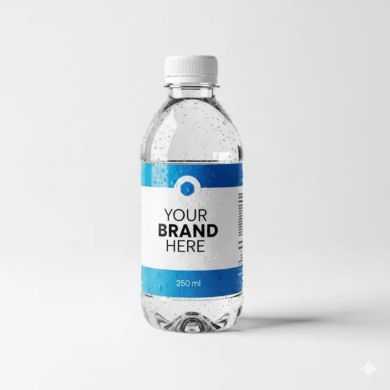 250 ml custom-label water bottle with a blank brand label area