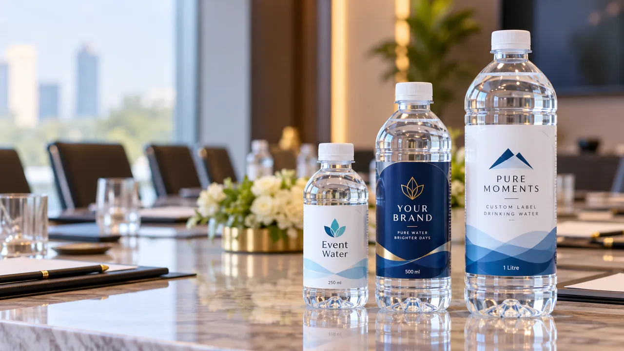 Water bottles in three sizes, one with a custom label, on an event table