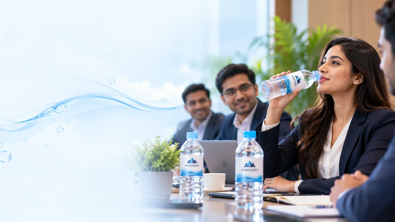 Colleagues in a meeting room with custom-label water bottles on the table, one drinking from a bottle