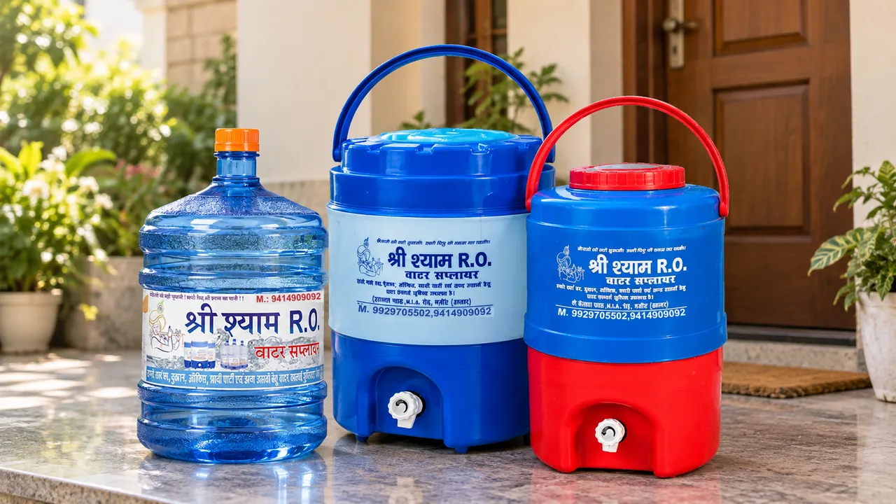 A Shree Shyam 20 litre bottle and two campers on a doorstep at an Alwar home