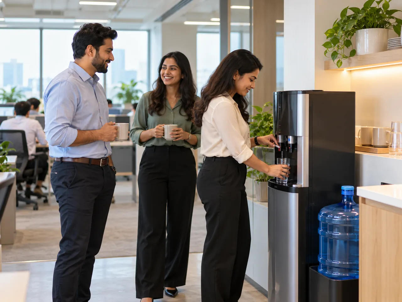 A colleague filling a glass at a water dispenser with a 20 litre jar while two colleagues chat in an office