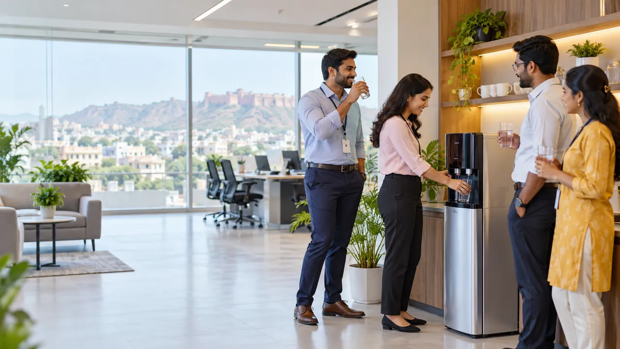 Office colleagues taking a water break at a dispenser in a modern office with a view of the city and hill fort