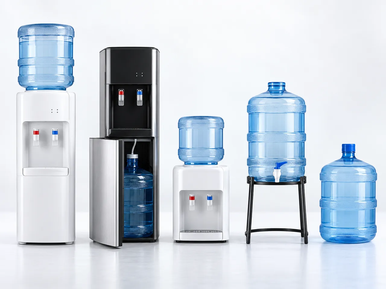A range of water dispensers: top-loading, bottom-loading, table-top, and a 20 litre jar with a tap on a stand