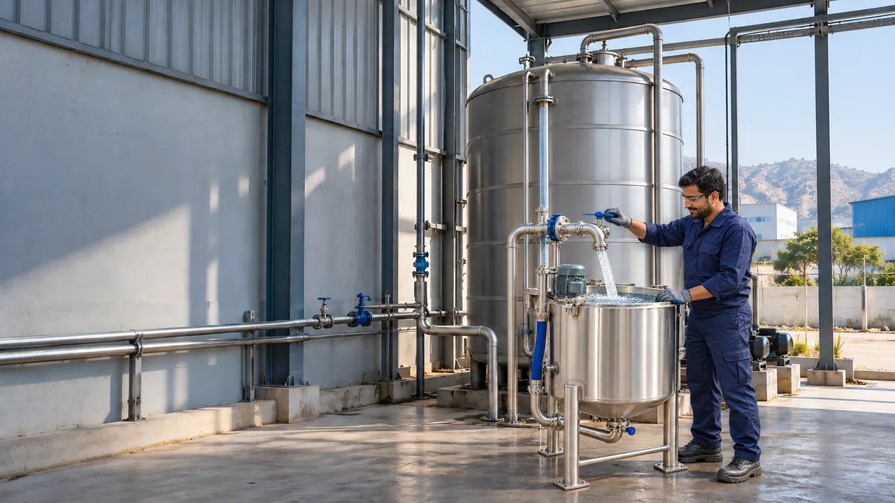 A worker filling a stainless steel vessel from an industrial water pipe at a utility area