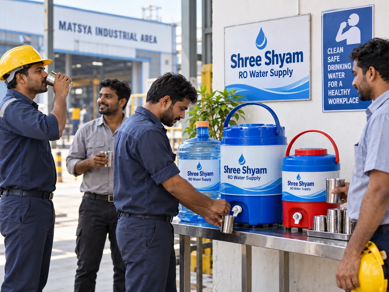 Factory employees take a drinking-water break at a Shree Shyam water station inside Matsya Industrial Area.
