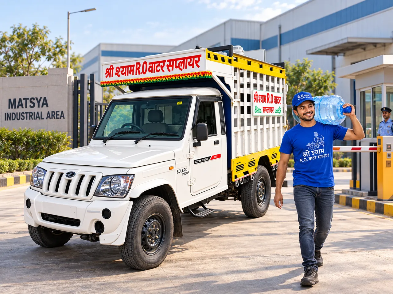 A Shree Shyam delivery vehicle and a delivery person carrying a 20 litre jar arrive at the Matsya Industrial Area gate.