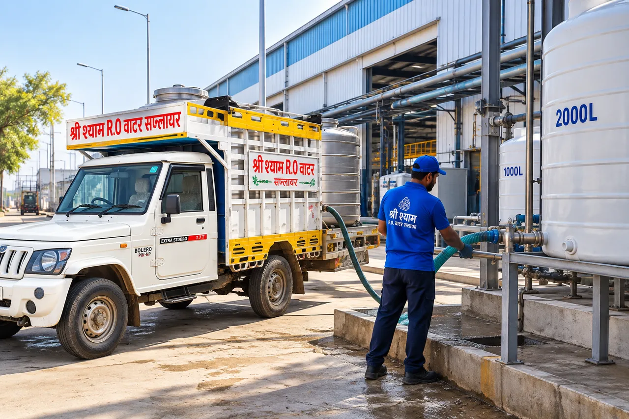 A delivery vehicle and a team member transferring RO water by hose into factory storage tanks
