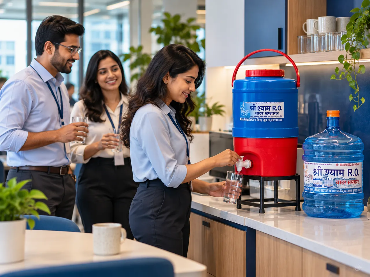 Office colleagues filling glasses from a Shree Shyam camper on a stand in a modern pantry