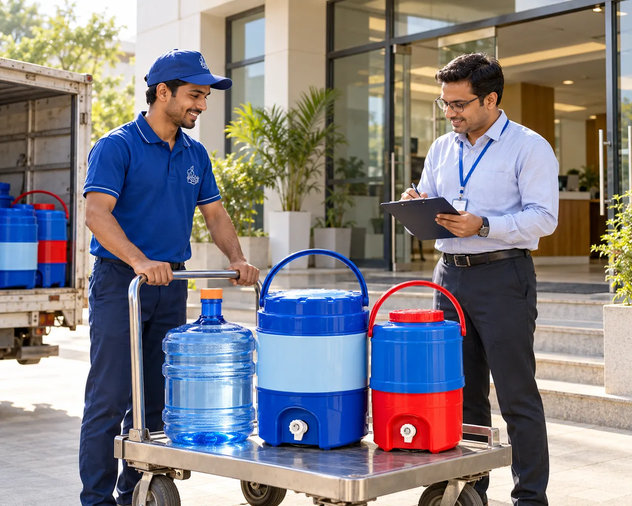 Shree Shyam delivery person handing over campers and a 20 litre bottle to a facility supervisor at an Alwar office building