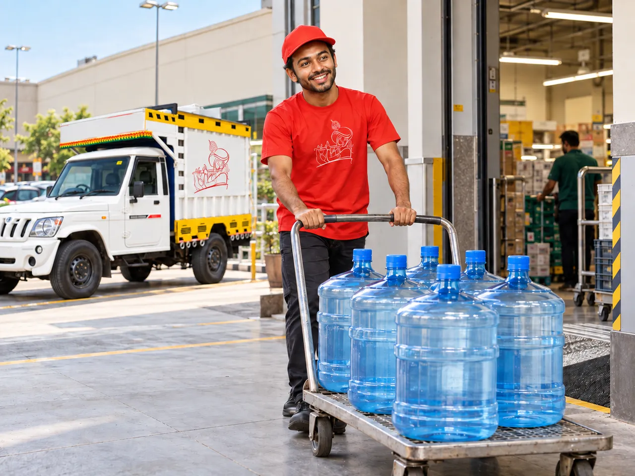 Shree Shyam delivery person wheeling a trolley of 20 litre water jars into a shopping mall service entrance