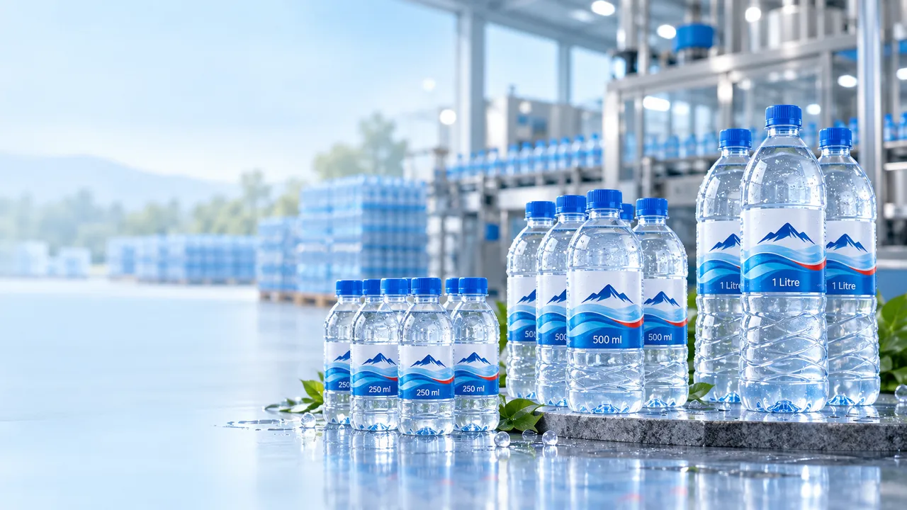 Packaged drinking water bottles in 250 ml, 500 ml and 1 litre sizes in front of a bottling hall