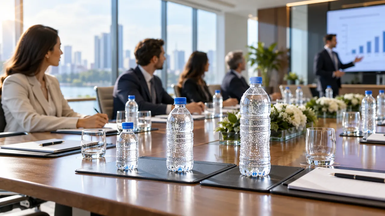Plain water bottles set at every seat on a boardroom table during a meeting