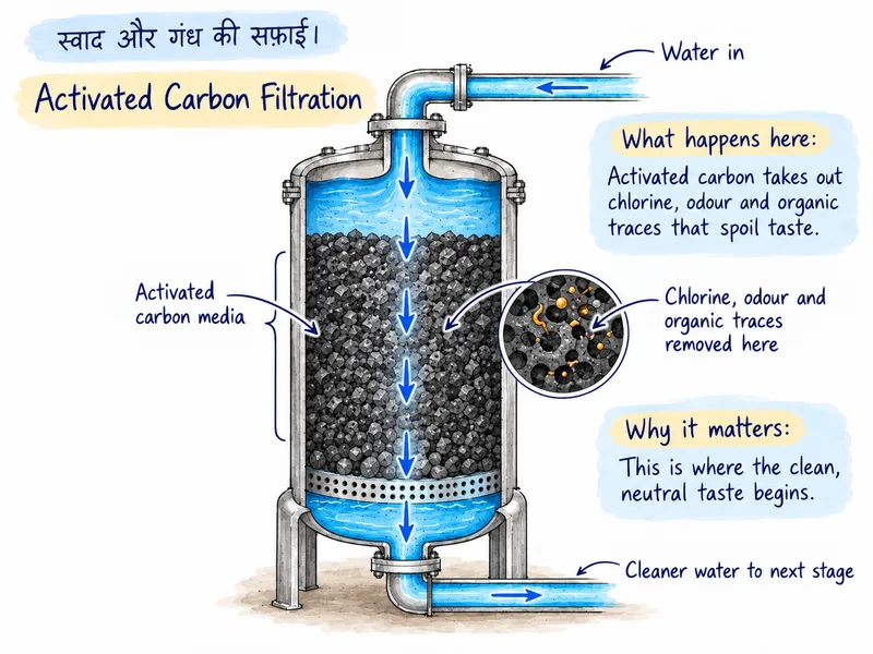 Cross-section diagram of an activated carbon filter: water enters at the top, passes down through a bed of activated carbon media that removes chlorine, odour and organic traces, and cleaner water leaves at the bottom for the next stage.