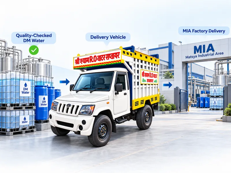 Quality-checked DM water in tanks and containers, a Shree Shyam delivery vehicle and the entrance to a factory in Matsya Industrial Area.