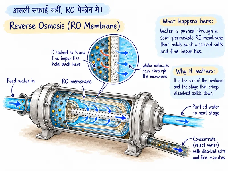 Cutaway diagram of an RO membrane vessel: feed water enters, water molecules pass through the semi-permeable membrane while dissolved salts and fine impurities are held back, purified water goes to the next stage and the concentrate (reject water) leaves separately.