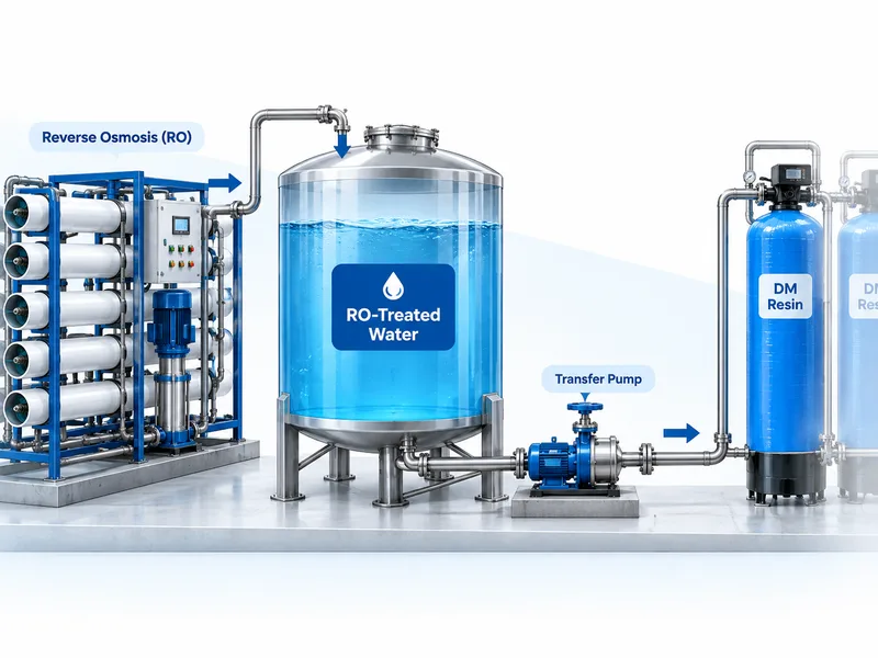 Flow diagram: RO membrane skid feeding an RO-treated water storage tank, a transfer pump then sending the water on to the DM resin vessels.