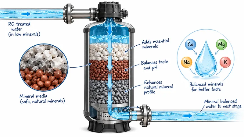 Cutaway diagram of the mineral balancing stage: RO-treated water, low in minerals, flows down through layers of mineral media that add essential minerals, balance taste and pH and enhance the natural mineral profile, and mineral-balanced water leaves for the next stage.