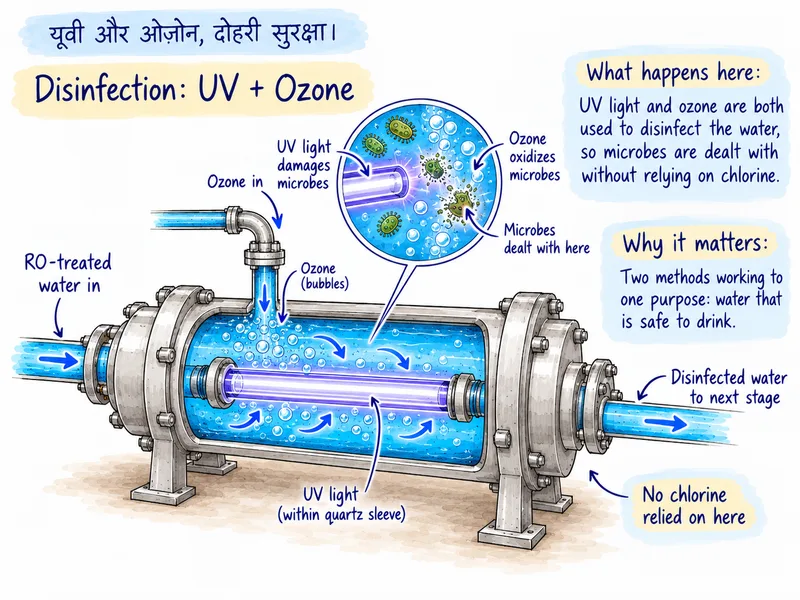 Cutaway diagram of the disinfection stage: RO-treated water flows through a chamber where UV light in a quartz sleeve and ozone bubbles act on microbes together, and disinfected water leaves for the next stage without relying on chlorine.