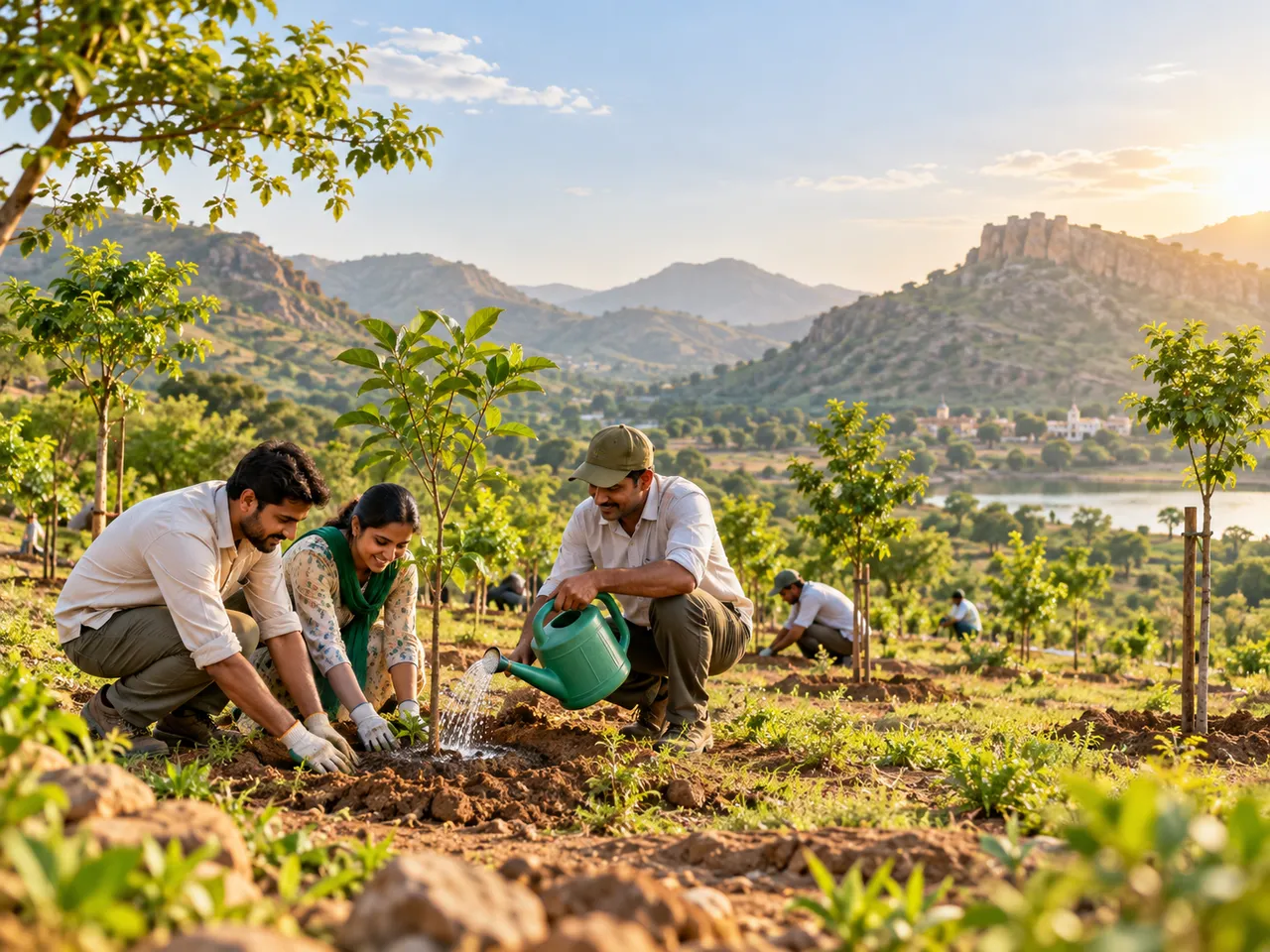 People planting and watering young saplings on a hillside at golden hour with hills and a lake behind