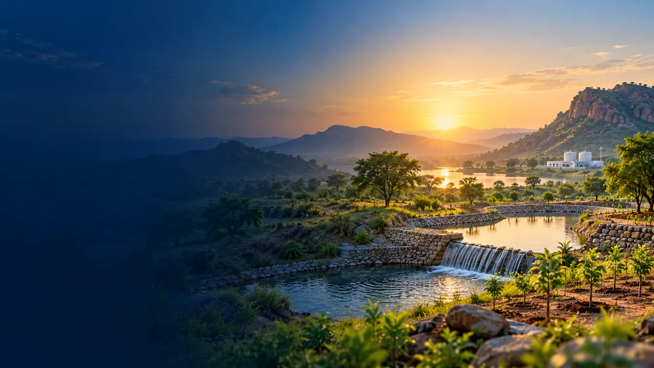 Sunrise over a restored valley with a stone check dam, a pond and young trees