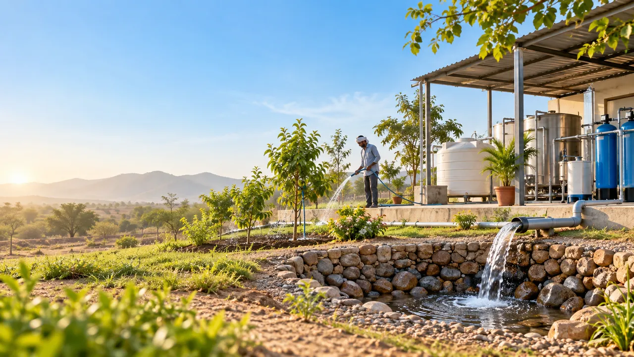 Water from a treatment plant flowing into a stone-lined pit while a worker waters young trees nearby