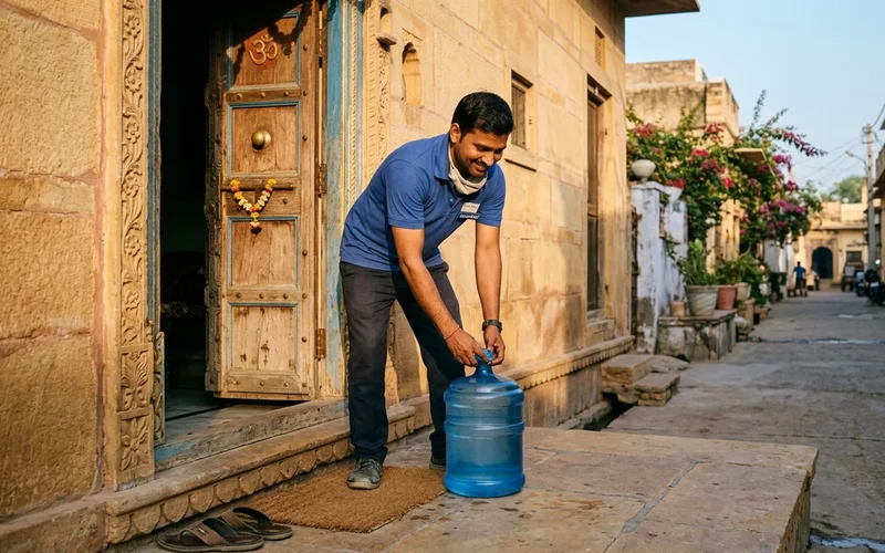 A delivery person placing a 20 litre water jar at the carved wooden doorway of a home in an Alwar lane