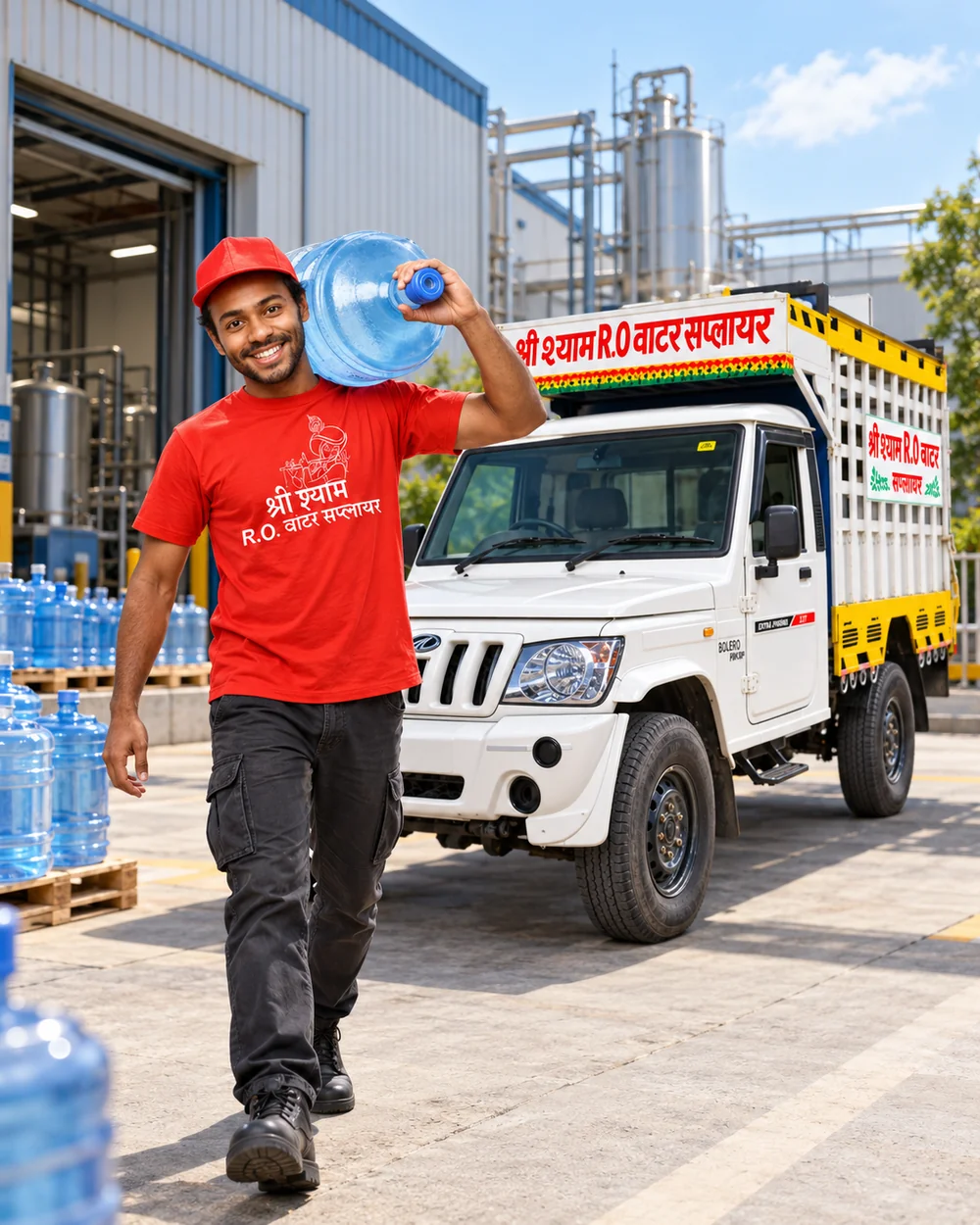Water delivery scene with a worker carrying a jar beside the Shree Shyam truck at a factory.