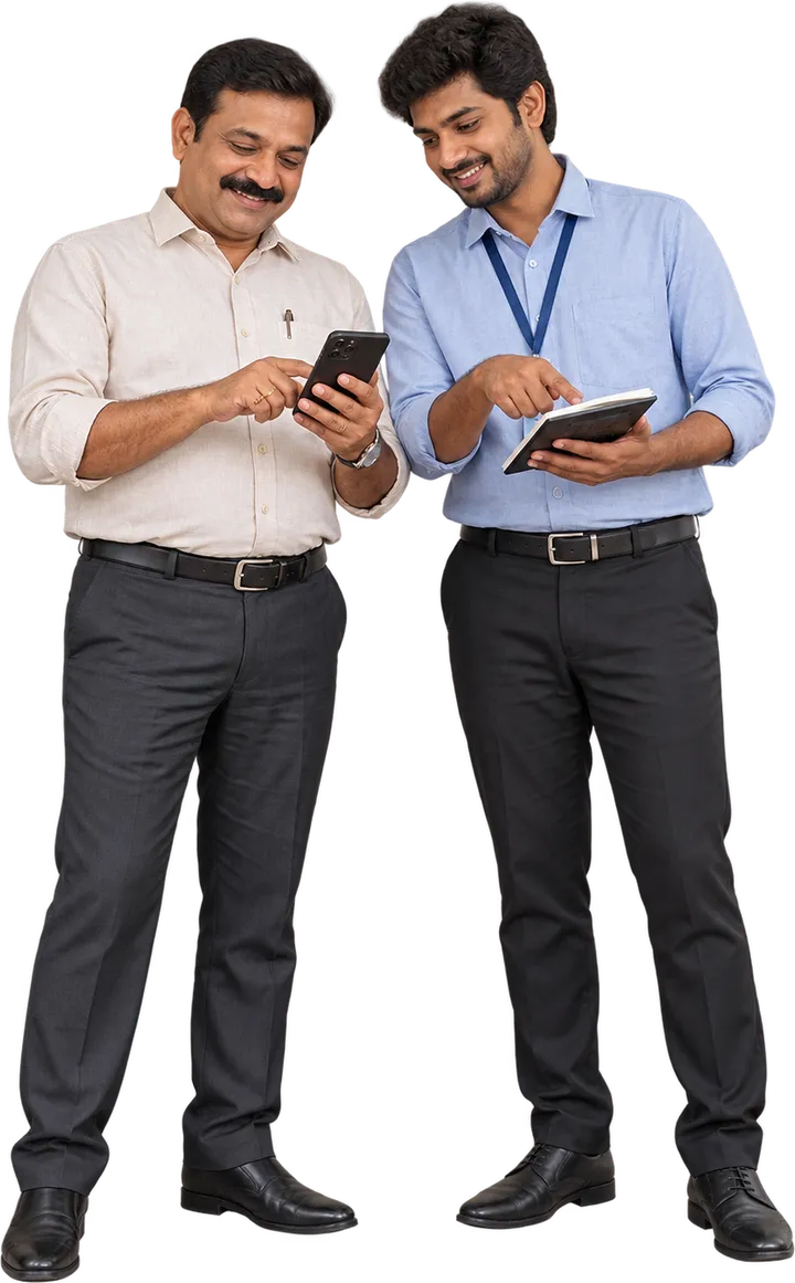 Business owner and colleague reviewing a payment on a phone