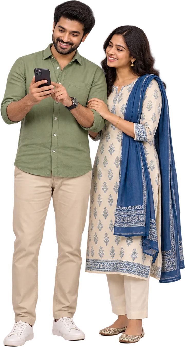 Couple smiling at news on a phone: account summary at a glance