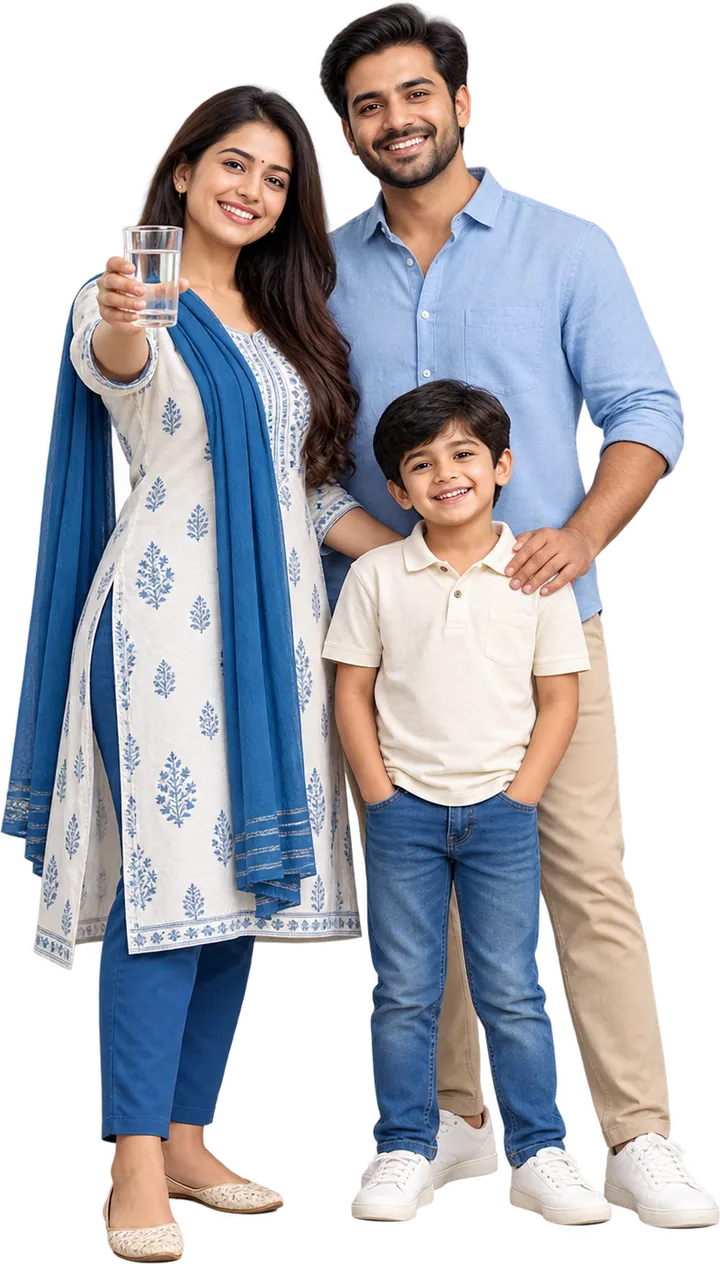 Family with a glass of drinking water
