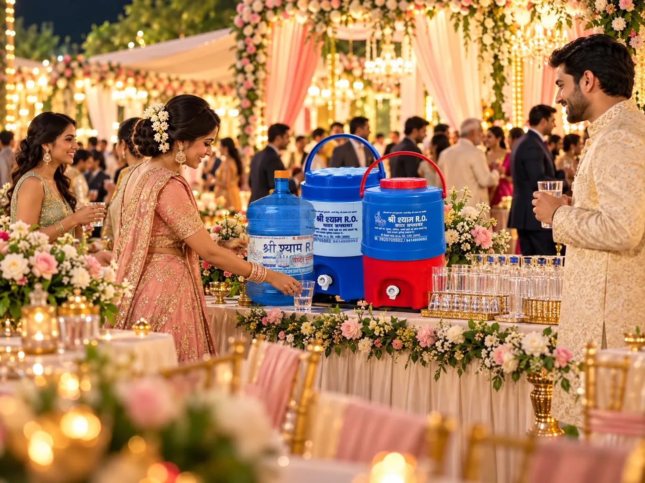 Wedding guests taking glasses of water from a reception water station with campers and a 20 litre jar