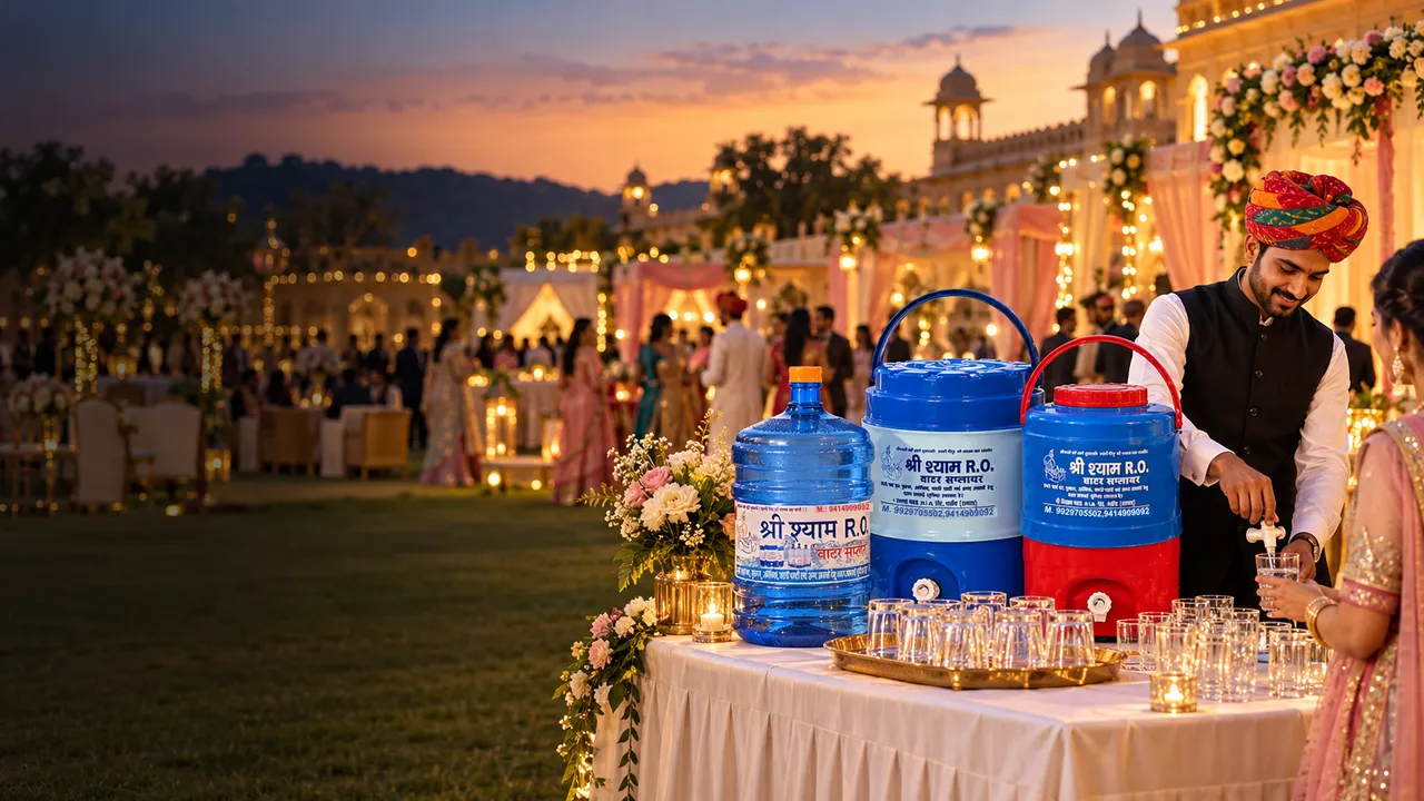 A wedding water station with campers, a 20 litre jar and rows of glasses at a palace reception at dusk, a server pouring water for a guest